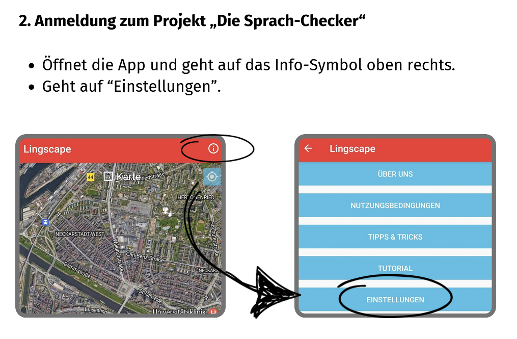 Auf dem Bild ist ein Auszug aus dem Forschungsheft zur App Lingscape zu sehen. Schrift: Anmeldung zum Projekt "Die Sprach-Checker".