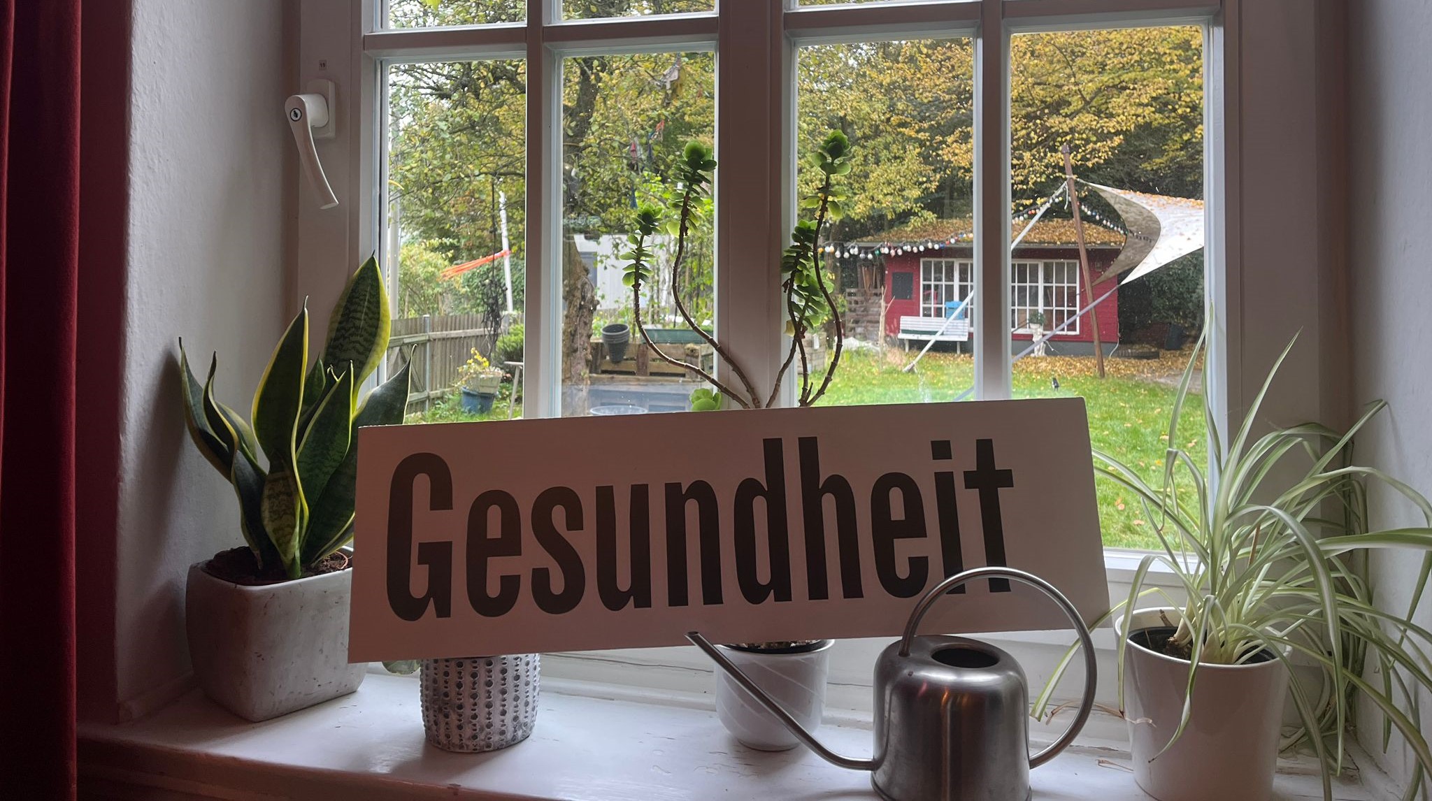 Ein Pappplakat mit der Aufschrift "Gesundheit" steht auf einer Fensterbank, eigeklemmt zwischen eine Gießkanne und mehrere Pflanzen. Aus dem Fenster blickt man in einen Garten mit einer kleinen Gartenhütte im Hintergrund